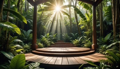 Platform podium in a forest. Realistic mock-up for product promotion. Abstract modern minimal background with empty podium