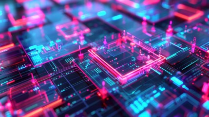 Obraz premium A futuristic scene features neon blue glowing cubes and lines, blending into an abstract background that highlights the cutting-edge aesthetics of modern technology.