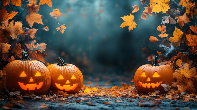 Halloween pumpkins with scary faces on autumn leaves background, halloween concept