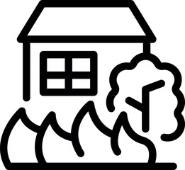 Simple line icon of a house on fire with a tree nearby