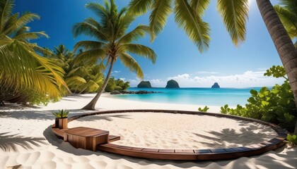 Fototapeta premium Beautiful platform podium on a tropical beach. Realistic mock-up for product promotion. Abstract modern minimal background with empty podium