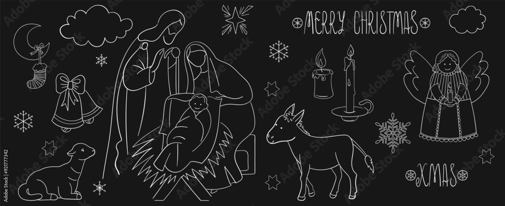 Wall mural Merry Christmas scene of Christ's birth. Set of holy family, animals donkey and sheep, candles, snowflakes, star, angel, bells, hand drawn holiday lettering on dark. Doodles, vector illustration