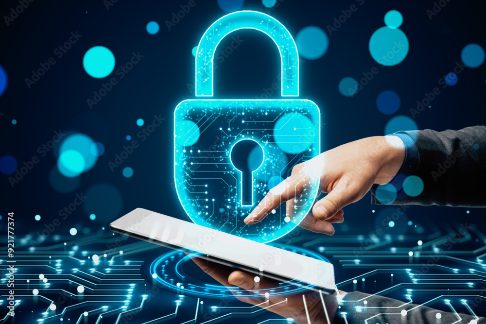 Poster close up of businessman hand using cellphone with glowing blue digital padlock hologram on blurry bo