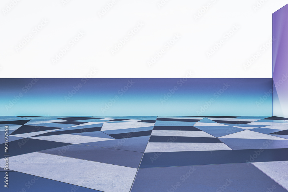 Poster simple white and blue geometric gallery interior with mock up place on wall. exhibition and art conc