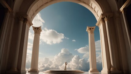 Fototapeta premium Beautiful platform podium with sky and clouds. Realistic mock-up for product promotion. Abstract modern minimal background with empty podium