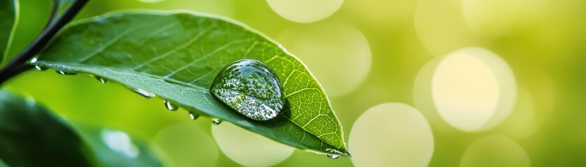 Pristine Water Droplet on Vibrant Leaf, Green Nature Background with Space for Text.