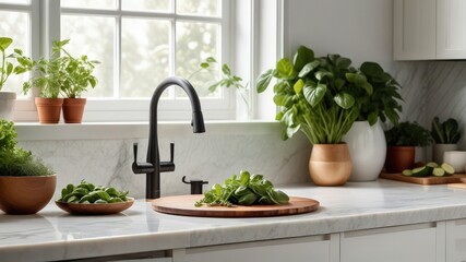 Fototapeta premium Platform podium in a beautiful kitchen. Realistic mock-up for product promotion. Abstract modern minimal background with empty podium