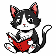 Kitten reading a book art vector illustration
