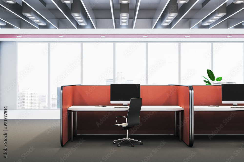 Poster clean red coworking interior with partitions and panoramic windows with city view. 3d rendering.