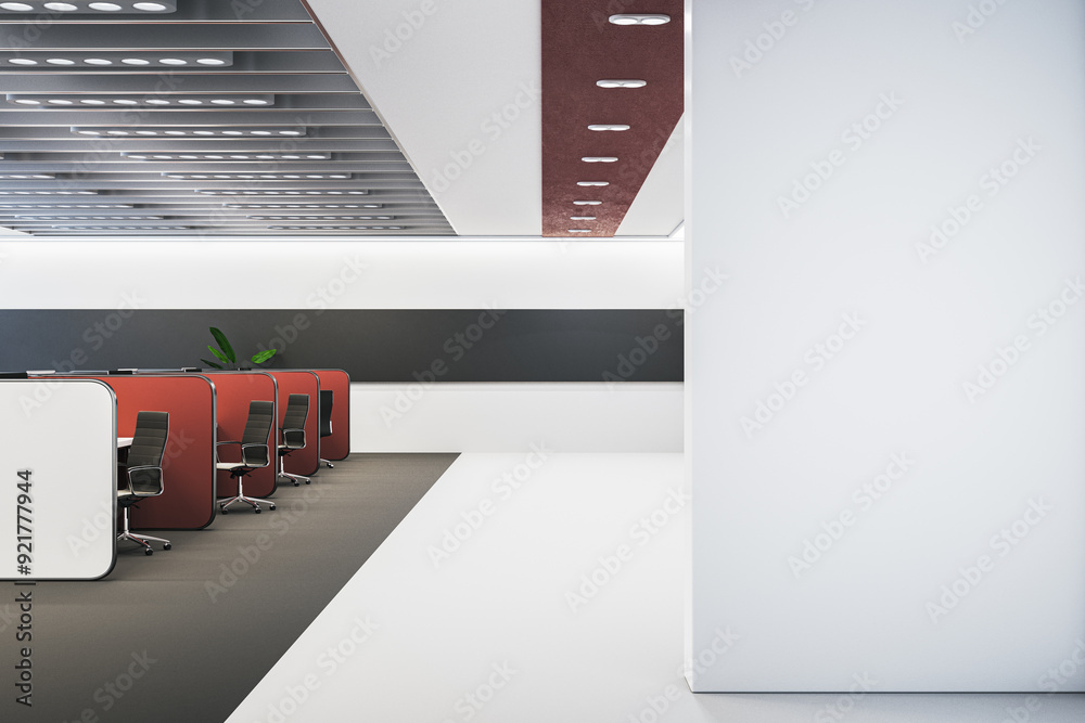 Poster modern red coworking interior with partitions and blank mock up place on wall. 3d rendering.