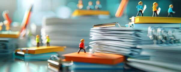 Tiny Workers Sorting Through a Pile of Documents.