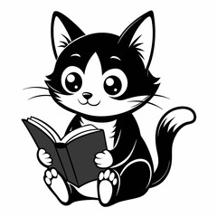 Kitten reading a book art vector illustration