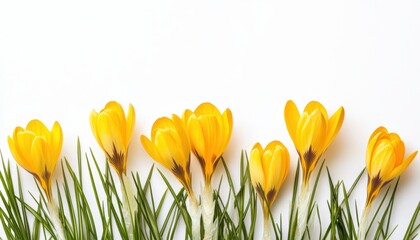 Yellow crocuses blossoming on green grass with a white background during springtime