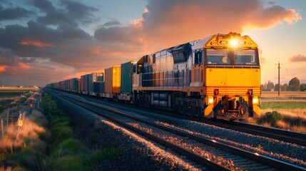 Obraz premium Freight trains transport through rural boundaries, copy space, deep depth of field, cover all objects.