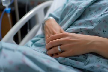 Fototapeta premium beautiful mother in hospital bed pregnant and in labor, holding on to bed rail in pain, wedding rings showing