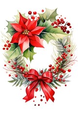 Christmas wreath of leaves, berries, flowers and red flowers on a white background.