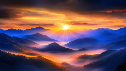 A beautiful mountain range with a bright orange sun in the sky. The sun is shining on the mountains and creating a warm, peaceful atmosphere