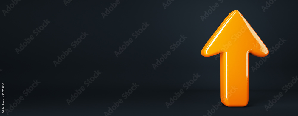 Poster Orange arrow on wide black background with mock up place for your advertisement. Direction and success, growth and up concept. 3D Rendering.