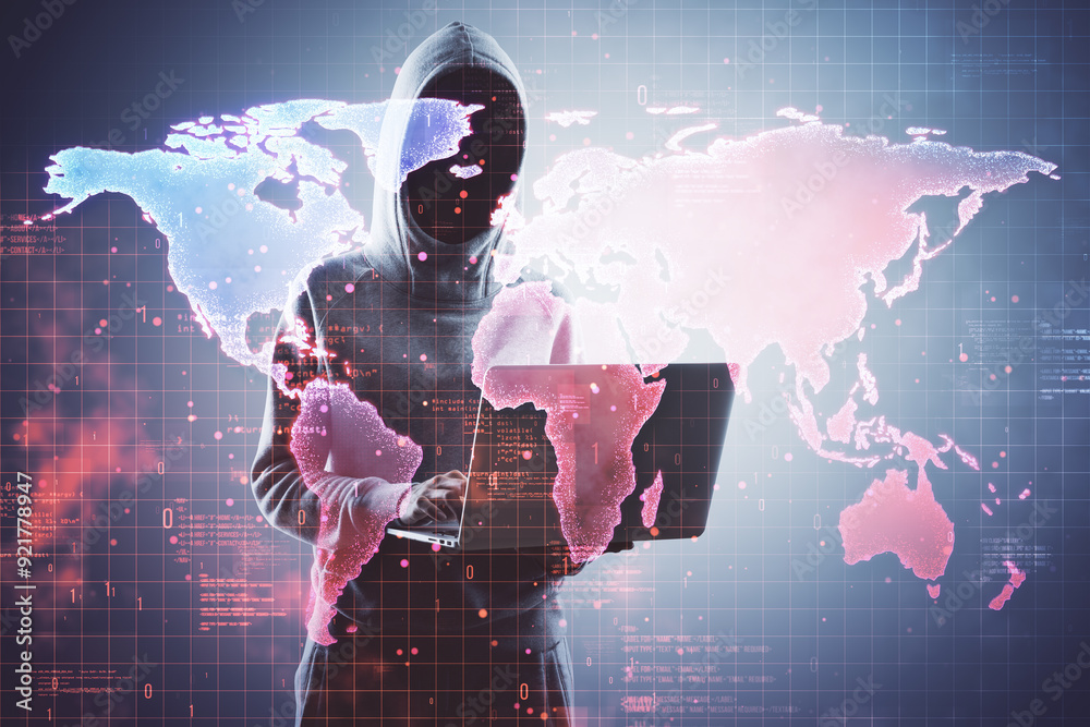 Aufkleber Hacker in hoodie using laptop computer with glowing digital map on blurry background. Interactive screen, hacking and global bookings concept. Double exposure.