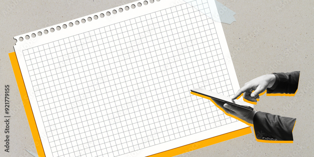 Poster close up of man hands using tablet next to abstract torn copybook sheets on gray background. mock up