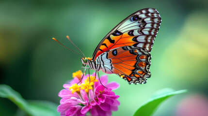 Fototapeta premium A butterfly is sitting on a pink flower. The butterfly is orange and black. The flower is pink and has yellow petals. The image has a peaceful and calming mood