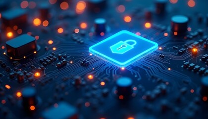 cyber security orange dark color with blue padlock