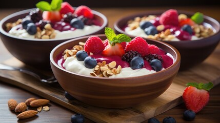 Smoothie bowl topped with fresh berries and granola
