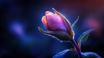 A flower with a pink center and green leaves. The flower is surrounded by a blue background. The image has a serene and calming mood