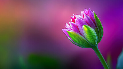 Fototapeta premium A flower with green leaves is the main focus of the image. The flower is surrounded by a purple background, which creates a sense of calmness and serenity. The combination of the bright pink flower