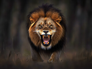 A lion is shown in a dark background with its mouth open and teeth bared. The lion appears to be angry and ready to attack