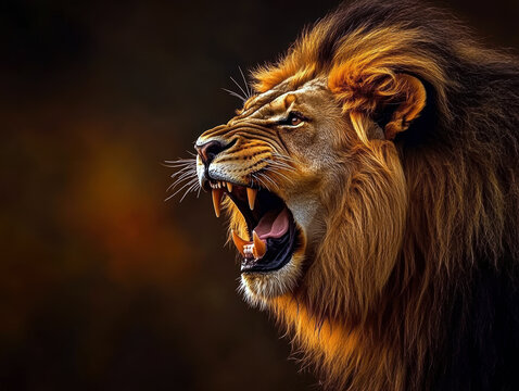 A lion is roaring with its mouth open, showing its teeth. The lion is in a dark background, which adds to the dramatic effect of the scene