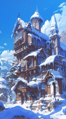 Enchanting Winter Wonderland Meets Halloween Magic: Anime-Style Dreamscape with Snow-Covered Historic Buildings and Spooky Elements. Magical Snowy Landscape Blending Festive Charm, Architectural Beaut