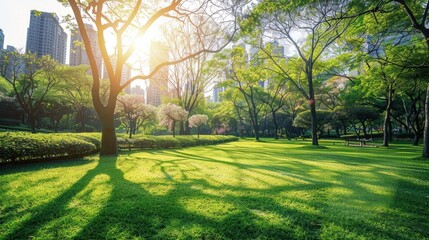 A serene city park with lush green grass, tall trees, and sunlight filtering through the branches, creating a peaceful and refreshing atmosphere.