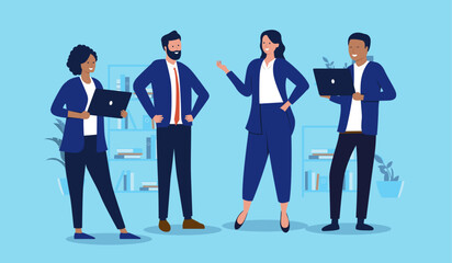 Team of businesspeople - Group of professional people in business white collar worker clothes standing, talking and discussing work in office holding computers. Flat design vector illustration