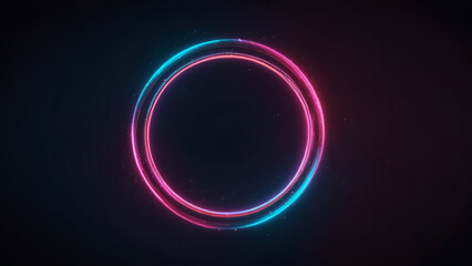 Obraz premium Neon Blue and Pink Round Frame Ring: Glowing Circle Shape with Dark Background, 80s Retro Style