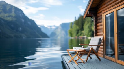 Tranquil lakeside cabin with comfort, ease, and tranquility, copy space, deep depth of field, covers all objects