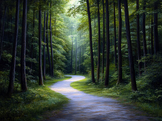 Fototapeta premium A painting of a forest path with trees on either side. The path is narrow and winding, and the trees are tall and green. The painting evokes a sense of peace and tranquility