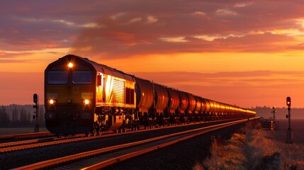 Fototapeta premium Silhouette of cargo train in countryside transit, with copy space, focused on all objects, deep depth of field.