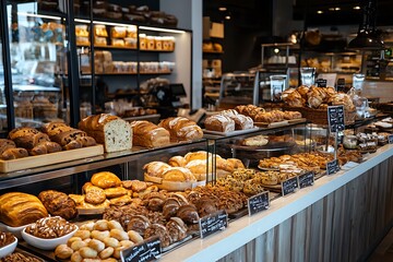 A close up of a bakery counter with fresh bread and pastries on display.