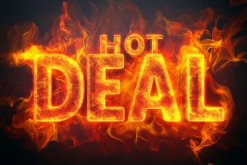 3D Typography of the text "HOT DEAL" with fiery colors and abstract patterns, high resolution, detailed textures, crisp focus