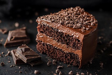 Close-up of a slice of chocolate cake with chocolate shavings and chocolate bars on a black background.