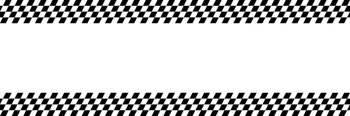 Race checker flag seamless pattern. Black and white rally texture. Checkerboard finish f1 design pattern. Inclined lines. Vector Illustration on white background.