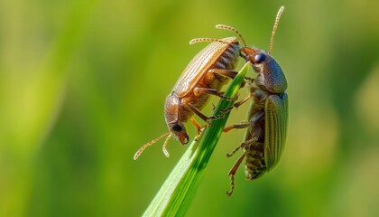 Two beetles mating on a green blade of grass under natural daylight in a garden setting