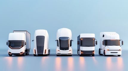 Variety of streamlined logistics vehicles in different shapes with copy space and deep depth of field coverage.