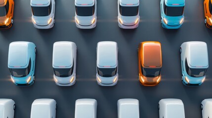 Various streamlined logistics vehicles in different shapes, with copy space, covering all objects, deep depth of field.