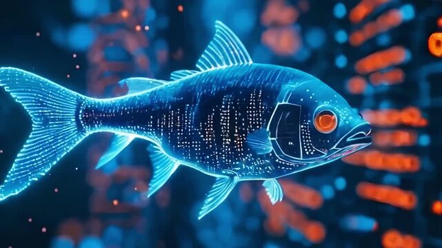 Polymorphic in the form of flying fish in the cyberpunk style. Video generative AI
