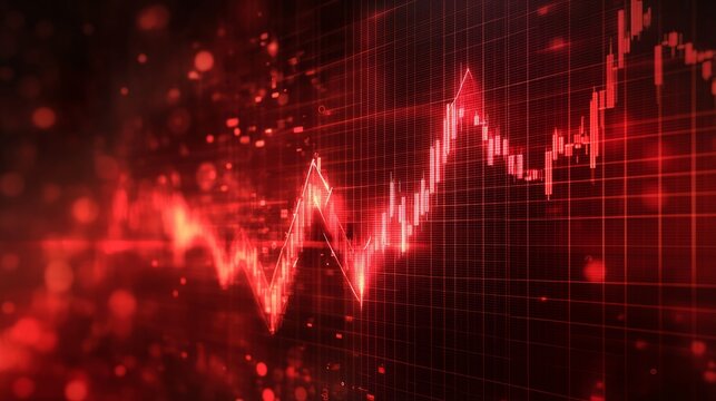 Abstract red background with an arrow going down and a graph, depicting a financial market crash concept.