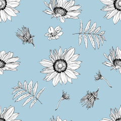 Hand drawn pencil graphic illustration seamless pattern of vintage flowers