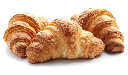 Three golden brown croissants isolated on a white background.