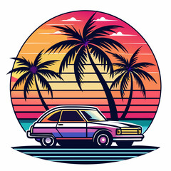 Palm trees sunset sea car sticker vector illustration